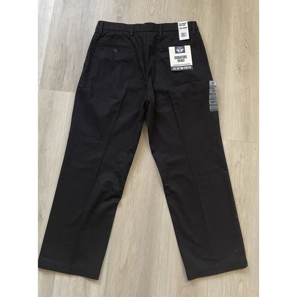 Dockers Signature Khaki Men Black Classic Fit Pleated Twill Stretch Pants 34